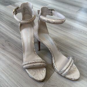 Kenneth Cole 
Metallic Beige Snake-Embossed Ankle Strap Heels
Size 8.5